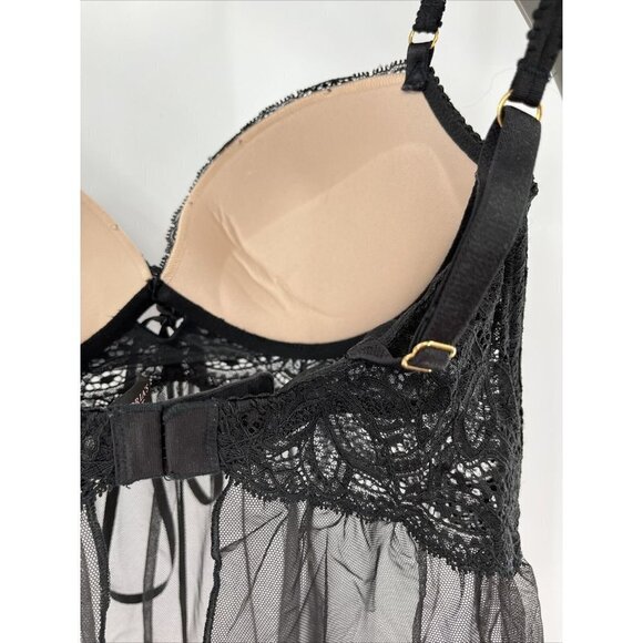 Victorias Secret Black Lace 34C Babydoll Lingerie Gold Accents Chemise 329863093 - Picture 7 of 10